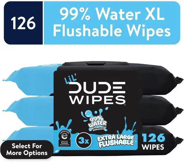 Main image of LiL' DUDE Flushable Wipes, Extra Large Fragrance Free Wet Wipes, 126 Count, 3 Pack