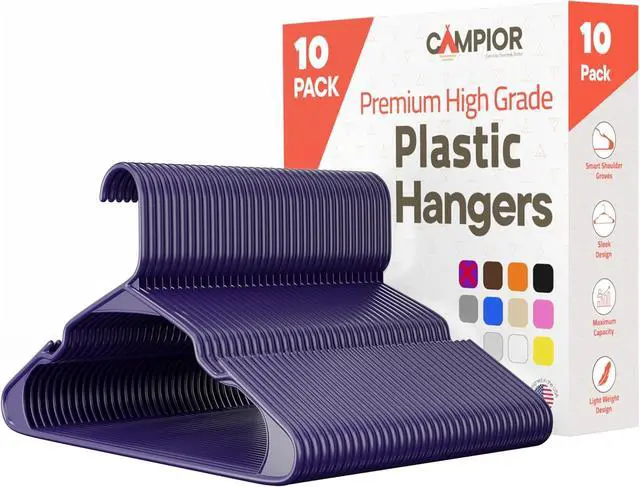Alt view image 2 of 7 - Purple Plastic hangers 10 Pack Heavy-Duty Plastic Hangers Slim and Space-Saving Hangers, Durable & Lightweight Hangers with Non-Slip Shoulder Notches for Slip Dresses, Suits, Jackets & Camisoles