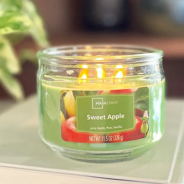 Main image of Mainstays Sweet Apple 3-Wick Glass Jar Candle, Green, 11.5 oz
