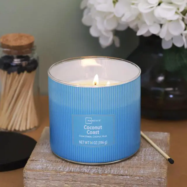 Main image of Mainstays 3-Wick Textured Wrapped Candle, Coconut Coast Fragrance, 14 oz