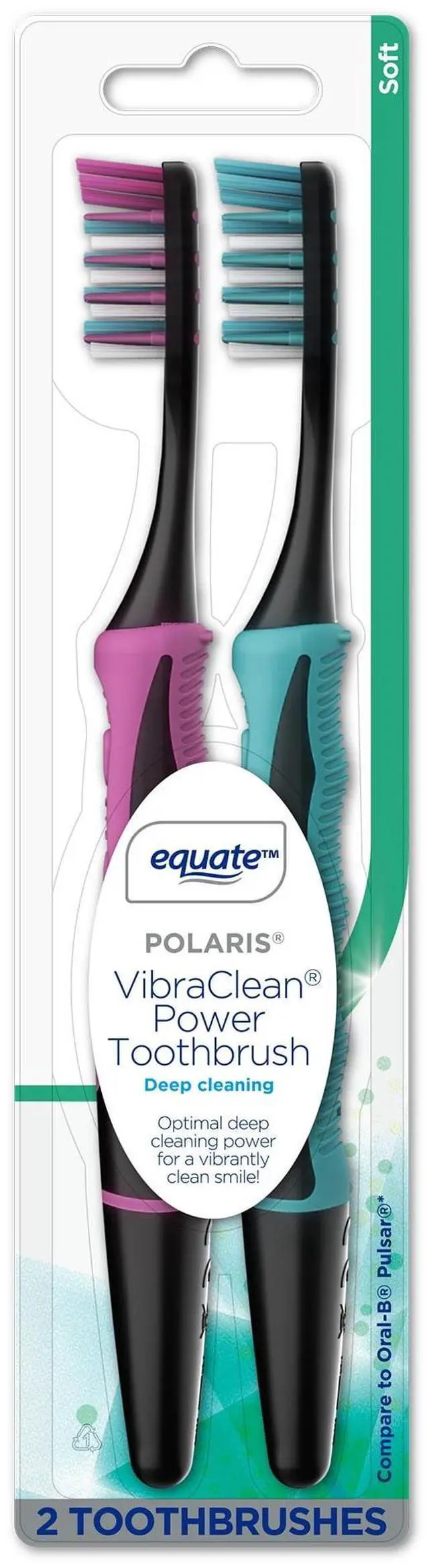 Main image of Equate Polaris Deep Cleaning VibraClean Vibrating Toothbrush, Soft, 2 Count