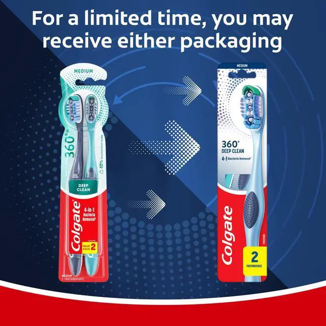 Main image of Colgate 360 Deep Clean Toothbrush Pack, Medium Adult Toothbrushes, 2 Pack