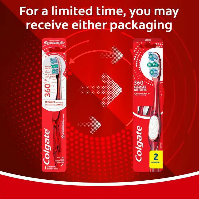 Alt view image 3 of 6 - Colgate 360 Advanced Whitening Toothbrush Pack, Medium Adult Toothbrushes, 2 Pack