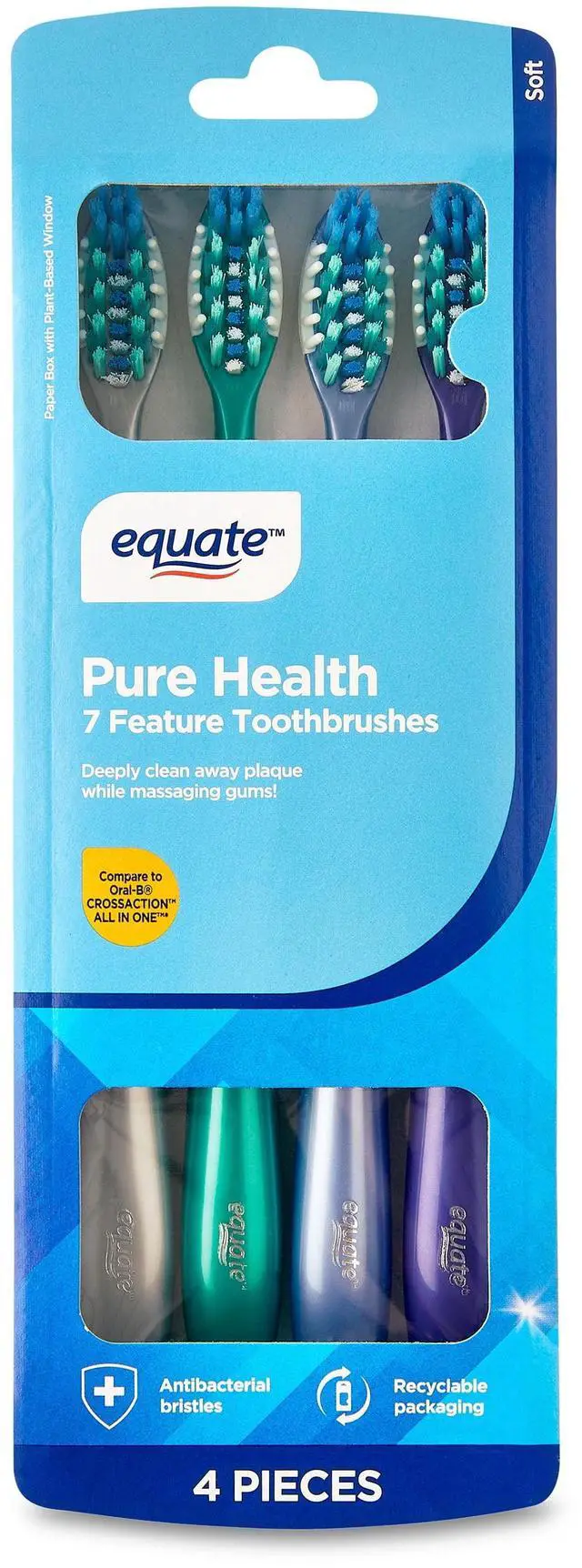 Main image of Equate Pure Health, Adult, Manual, Soft Toothbrush, 4 Count