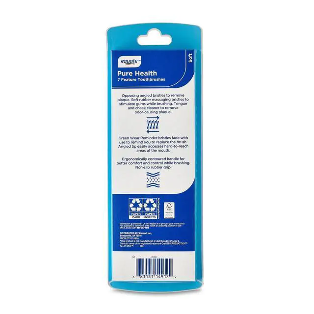 Alt view image 5 of 5 - Equate Pure Health, Adult, Manual, Soft Toothbrush, 4 Count