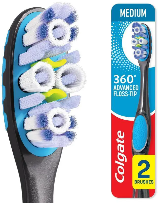 Main image of Colgate 360 Floss-Tip Toothbrush Pack, Medium Adult Toothbrushes, 2 Pack