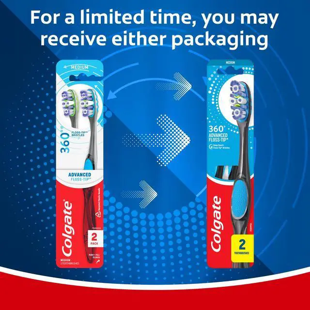 Alt view image 3 of 6 - Colgate 360 Floss-Tip Toothbrush Pack, Medium Adult Toothbrushes, 2 Pack