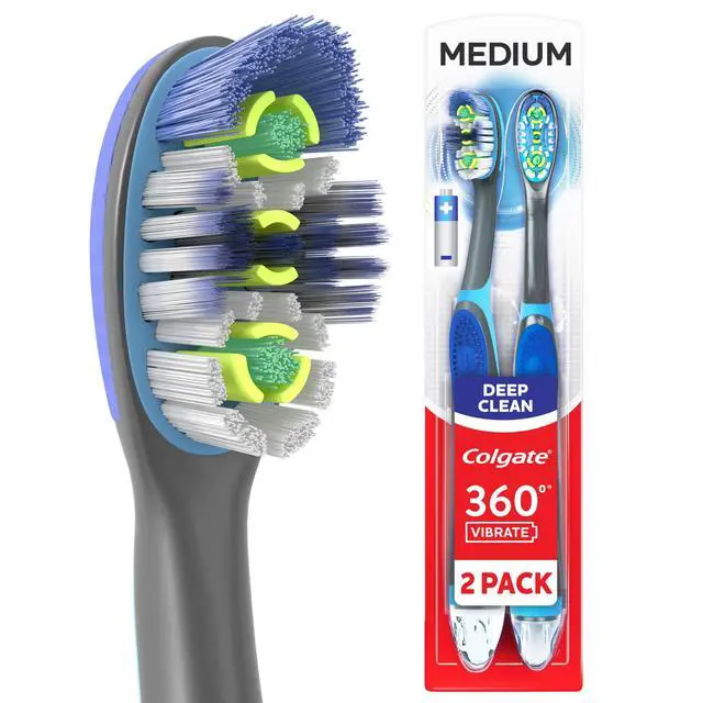 Alt view image 6 of 6 - Colgate 360 Vibrate Deep Clean Battery Powered Electric Toothbrush with Medium Bristles, 2 Pack