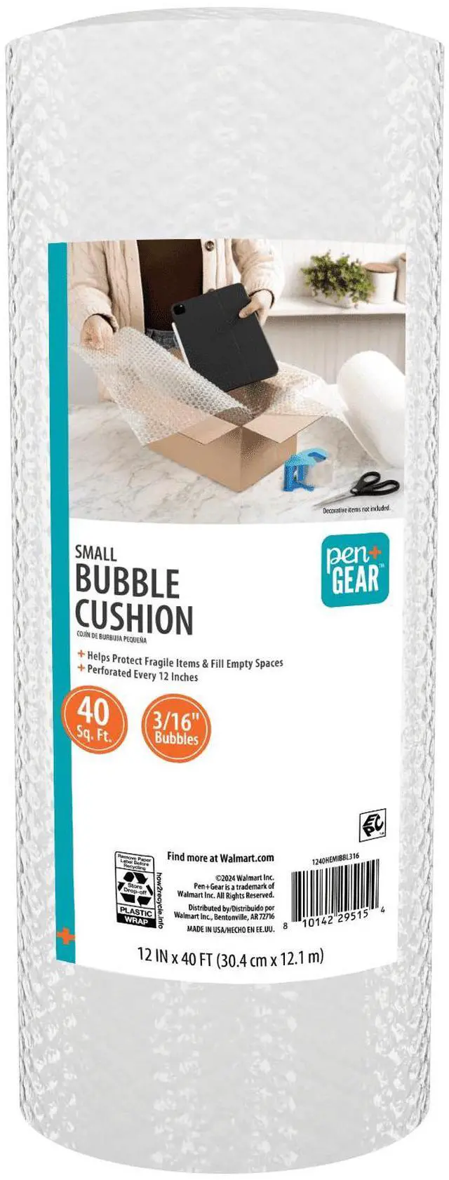 Main image of Pen+Gear 12" x 40' Bubble Cushion Roll, Clear, 3/16" Small Bubbles