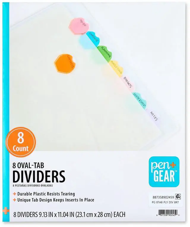 Main image of Pen+Gear 8 Oval Tab Poly Binder Dividers, Bright Multicolor