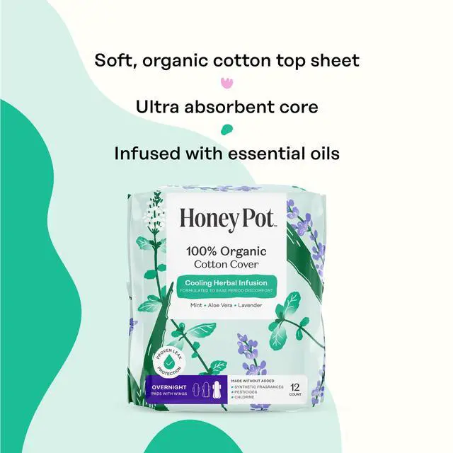 Alt view image 5 of 6 - Honey Pot 100% Organic Cotton Cover Cooling Herbal Infusion Overnight Pads, 12 Count