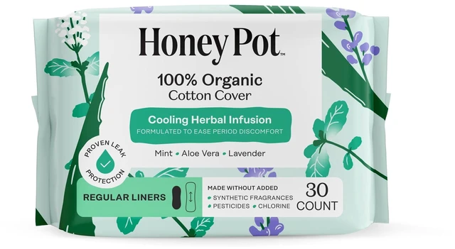 Main image of Honey Pot 100% Organic Cotton Cover Cooling Herbal Infusion Regular Liners, 30 count