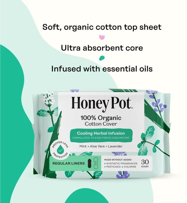 Alt view image 2 of 6 - Honey Pot 100% Organic Cotton Cover Cooling Herbal Infusion Regular Liners, 30 count