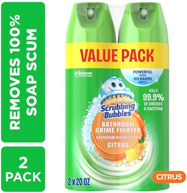 Main image of Scrubbing Bubbles Disinfectant Bathroom Shower & Tub Cleaner Grime Fighter Aerosol Spray, Citrus, 20 oz, 2 Pack