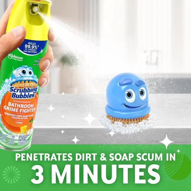 Alt view image 5 of 7 - Scrubbing Bubbles Disinfectant Bathroom Shower & Tub Cleaner Grime Fighter Aerosol Spray, Citrus, 20 oz, 2 Pack