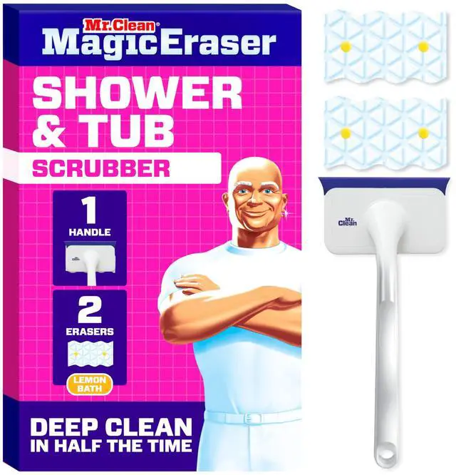 Main image of Mr. Clean Magic Eraser Shower & Tub Scrubber Lemon Starter Kit, 1 Scrubber & 2 Foaming Magic Erasers