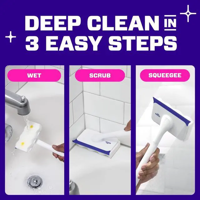 Alt view image 6 of 6 - Mr. Clean Magic Eraser Shower & Tub Scrubber Lemon Starter Kit, 1 Scrubber & 2 Foaming Magic Erasers