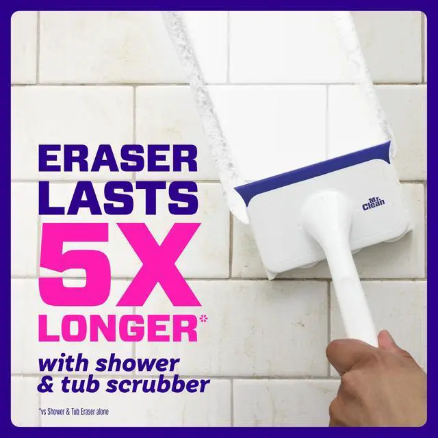 Alt view image 3 of 6 - Mr. Clean Magic Eraser Shower & Tub Scrubber Lemon Starter Kit, 1 Scrubber & 2 Foaming Magic Erasers