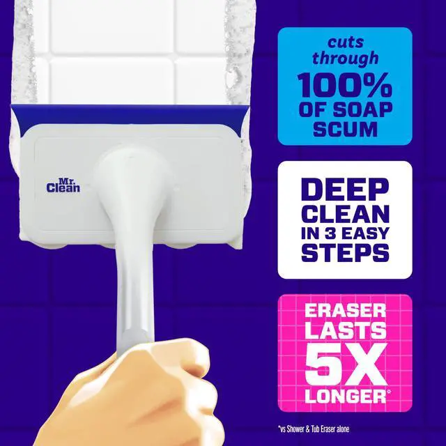 Alt view image 5 of 6 - Mr. Clean Magic Eraser Shower & Tub Scrubber Lemon Starter Kit, 1 Scrubber & 2 Foaming Magic Erasers