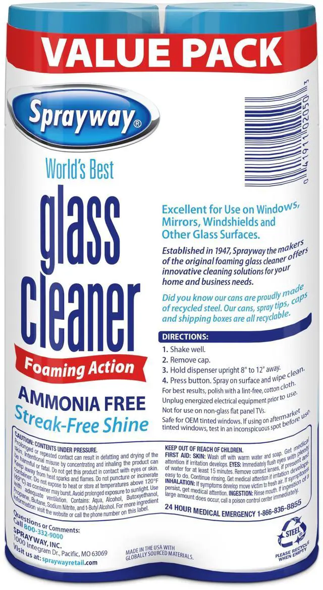 Alt view image 7 of 7 - Sprayway Glass Cleaner Foaming Aerosol Spray, Pack of 2, 19oz, Ammonia-Free, Streakless, Fast-Acting, Fresh Scent, Cleans and Polishes Glass Surfaces, Removes Fingerprint