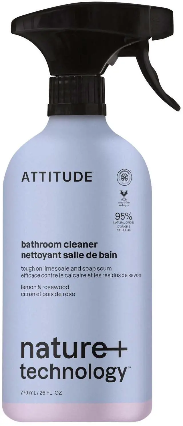 Main image of ATTITUDE Bathroom Cleaner Spray, 26 Fl Oz, Lemon & Rosewood, Natural Origin Ingredients, EWG Verified, Eliminates Soap Scum, Limescale, Streak Free