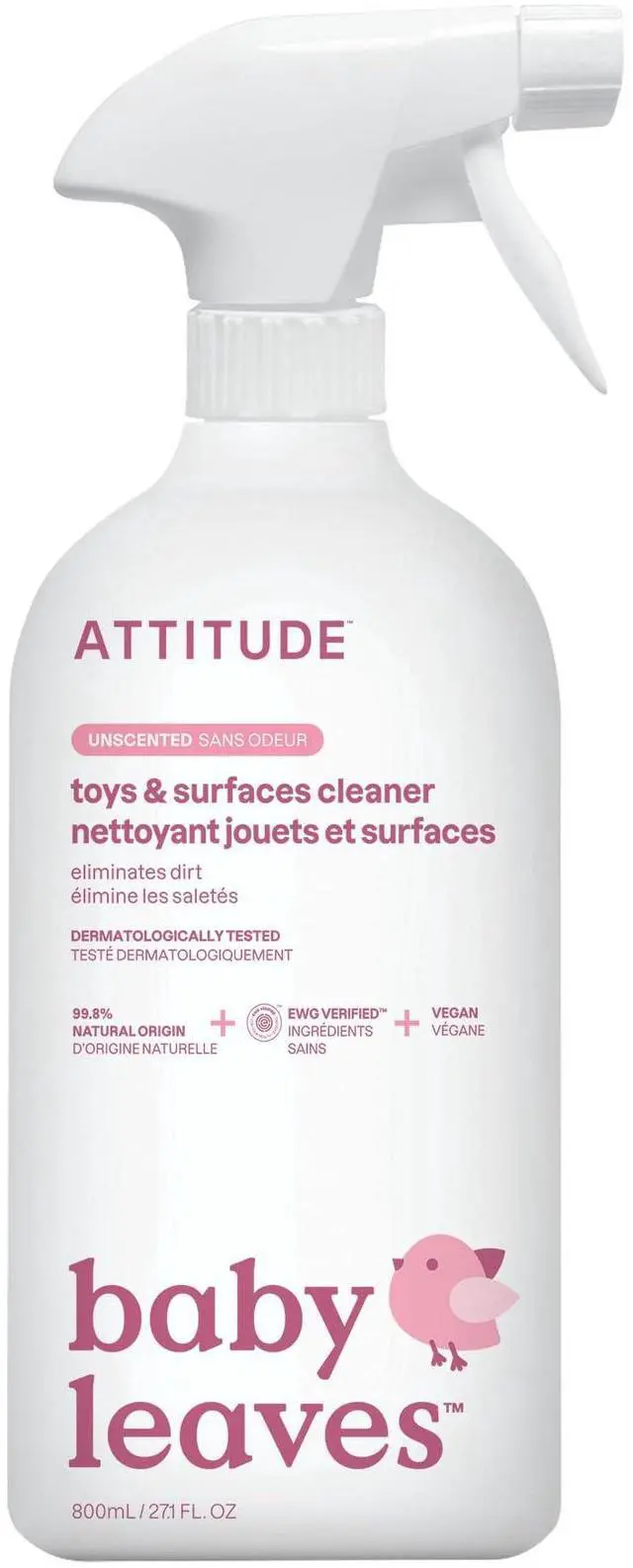 Main image of ATTITUDE Baby & Kids Toy Cleaner Spray, EWG Verified, Multi-Surface for Toys, High Chairs & Play Areas, Naturally Derived, Vegan, Unscented, 27.1Fl Oz
