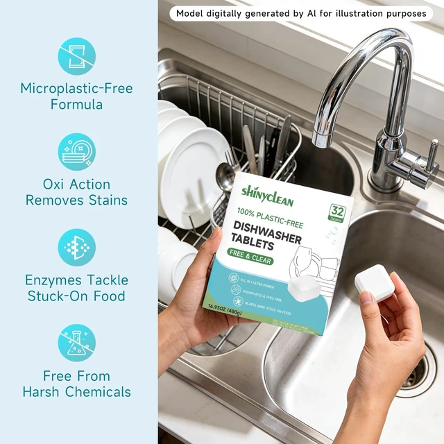 Alt view image 6 of 7 - 100% Plastic-Free Dishwasher Tablets, Free & Clear, 32 Count