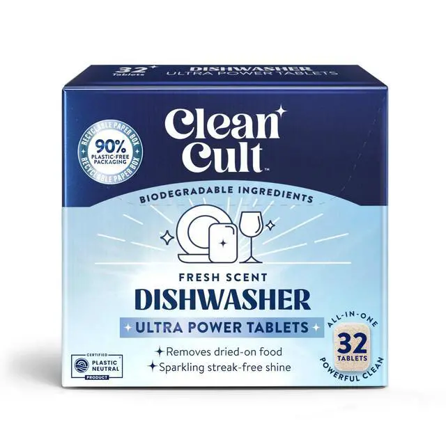 Main image of Cleancult Ultra Power Dishwasher Detergent Pods, 32 Count, All-in-One, No Plastic Waste, for Sparkling Streak-Free Shine