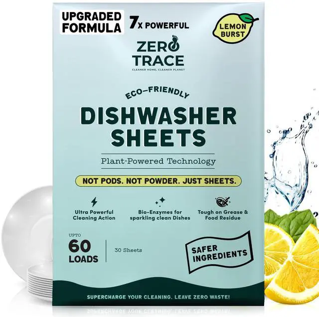 Main image of Zero Trace Dishwasher Detergent Sheets, Eco-Friendly, Plant Powered, Lemon Scent, 60 Loads