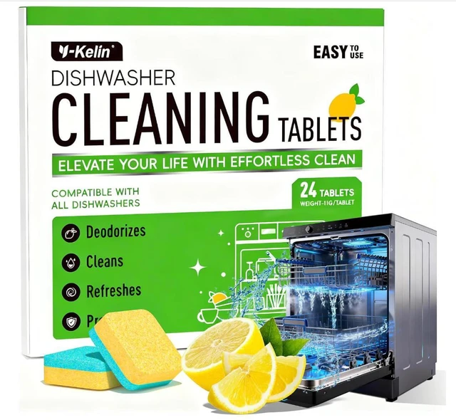 Main image of Dishwasher Cleaner and Deodorizer Tablets, Dishwasher Cleaning Tablets 24 Pack - Helps Remove Limescale & Odor, Prevents Buildup in Pipes, Safe for All Dishwashers, Lemon Scent - 12 Month Supply