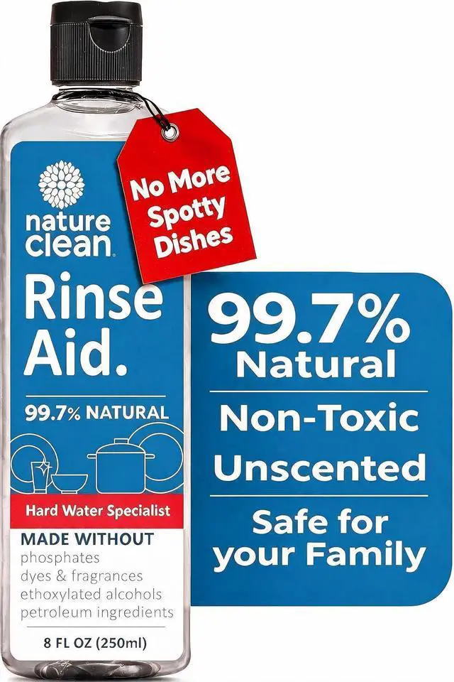 Main image of Nature Clean All Natural Dishwasher Rinse Aid, 8 oz (250ml), Pack of 1, for Spot-Free Glass & Cutlery in Hard Water, Non Toxic Stain Remover