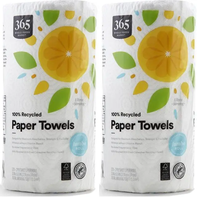 Main image of 365 by Whole Foods Market 100% Recycled Jumbo Paper Towels Ultra-Strong, 135 Sheets per Roll, 2-Pack