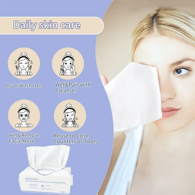 Alt view image 3 of 6 - MSOEUESO Disposable Face Towel 100 Count - Cotton Facial Tissues, Dry Face Cloths, Thick Facial Wipes, Makeup Remover Wipes, Ultra Soft for Adults and Baby