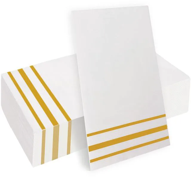 Main image of Disposable Paper Napkins 50 Pack, White and Gold, Absorbent Dinner Guest Towels for Bathroom, Wedding, Kitchen, Party, Event Decorative