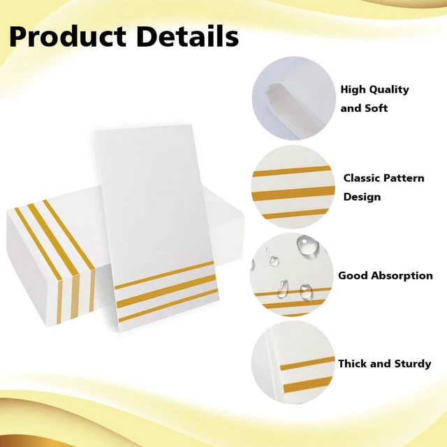 Alt view image 5 of 7 - Disposable Paper Napkins 50 Pack, White and Gold, Absorbent Dinner Guest Towels for Bathroom, Wedding, Kitchen, Party, Event Decorative
