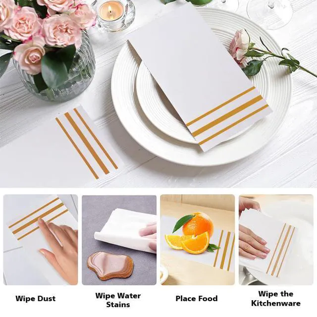 Alt view image 3 of 7 - Disposable Paper Napkins 50 Pack, White and Gold, Absorbent Dinner Guest Towels for Bathroom, Wedding, Kitchen, Party, Event Decorative