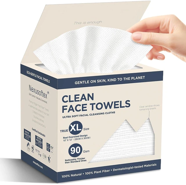 Main image of Disposable Face Towels 10"x12" XL 90gsm Ultra-Thick 100% USDA Biobased Facial Towel, Gentle for All Skin Types, Magnetic Closure Box with Visibility Window (1 Pack of 50