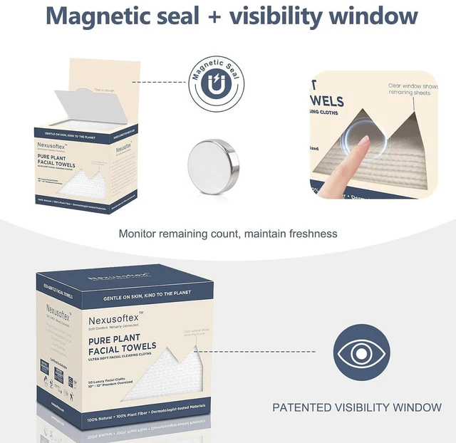 Alt view image 6 of 6 - Disposable Face Towels 10"x12" XL 90gsm Ultra-Thick 100% USDA Biobased Facial Towel, Gentle for All Skin Types, Magnetic Closure Box with Visibility Window (1 Pack of 50