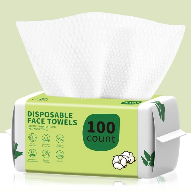 Main image of Disposable Face Towels 100 Count, Biodegradable Ultra Soft & Thick, Lint-Free Makeup Remover Dry Wipes, Multi-Purpose Cleansing Towelettes for Sensitive Skin