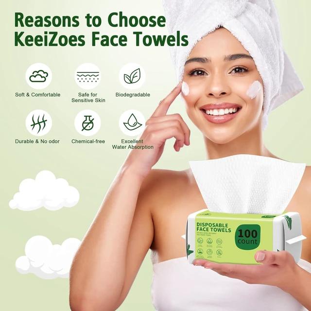 Alt view image 5 of 6 - Disposable Face Towels 100 Count, Biodegradable Ultra Soft & Thick, Lint-Free Makeup Remover Dry Wipes, Multi-Purpose Cleansing Towelettes for Sensitive Skin