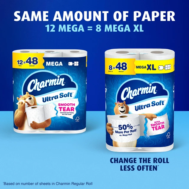 Alt view image 6 of 7 - Charmin Ultra Soft Toilet Paper, 12 Mega Rolls (24 Regular Rolls), 2-Ply Bath Tissue