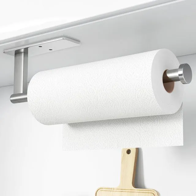 Main image of Stainless Steel Under Cabinet Paper Towel Holder Wall Mount, Self-Adhesive or Drilling, Silver Kitchen Paper Roll Holder