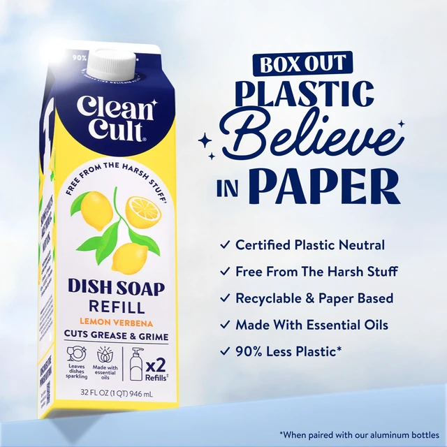 Alt view image 5 of 6 - Cleancult Dish Soap Liquid Refill (32oz, 1 Pack) Lemon Verbena - Plant Based, Cuts Grease & Grime, Free of Harsh Chemicals, 90% Less Plastic