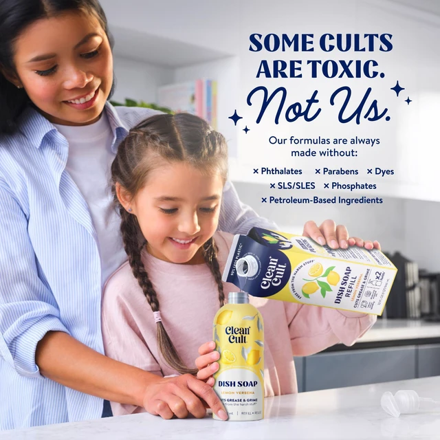 Alt view image 3 of 6 - Cleancult Dish Soap Liquid Refill (32oz, 1 Pack) Lemon Verbena - Plant Based, Cuts Grease & Grime, Free of Harsh Chemicals, 90% Less Plastic