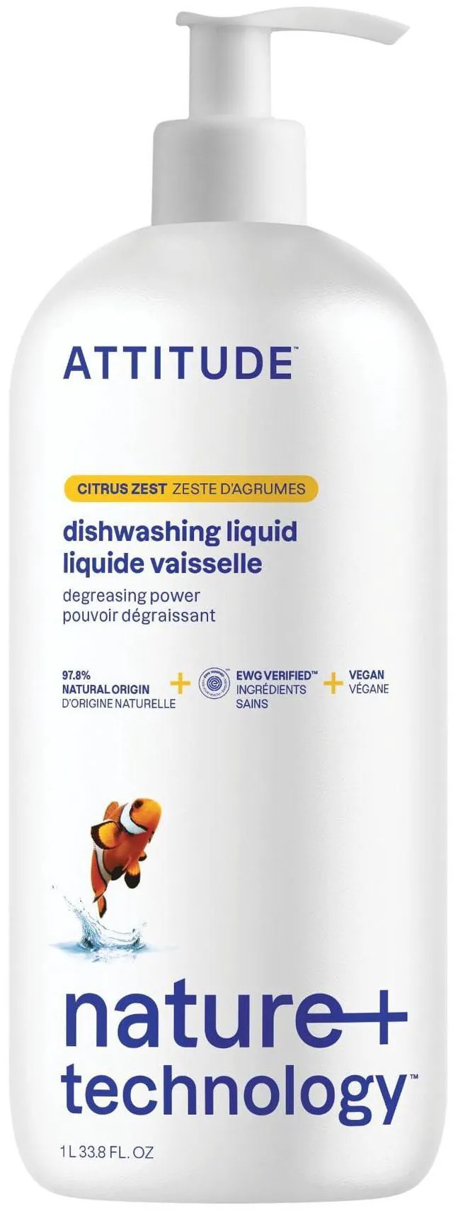 Main image of ATTITUDE Dish Soap, EWG Verified, Plant-Based & Vegan Dishwashing Liquid, Naturally Derived, Citrus Zest Scent, 33.8 Fl Oz