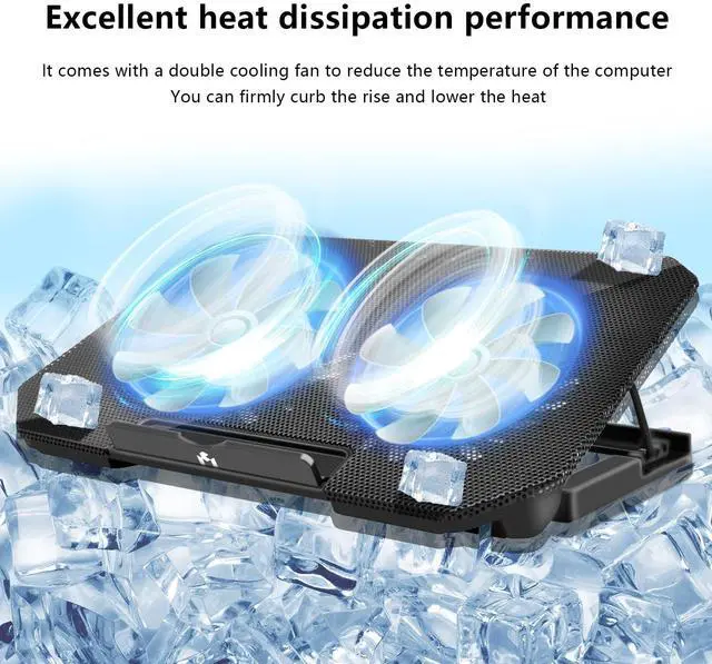 Alt view image 3 of 7 - Laptop Cooling Pad with 2 Quiet Fans, LED Lights, 2 USB Ports, 5 Height Adjustable Speed Mounts, Metal Mesh Design, for 9-17 inch Laptops (Black)