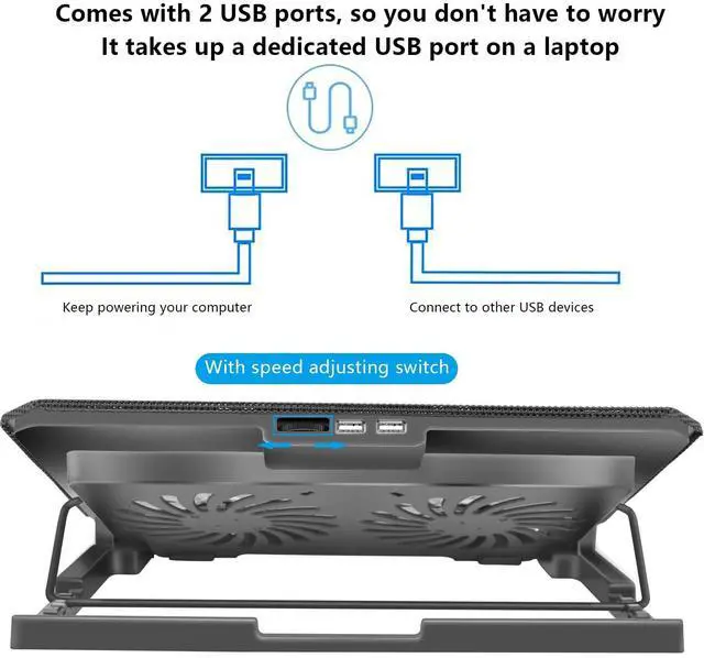 Alt view image 5 of 7 - Laptop Cooling Pad with 2 Quiet Fans, LED Lights, 2 USB Ports, 5 Height Adjustable Speed Mounts, Metal Mesh Design, for 9-17 inch Laptops (Black)
