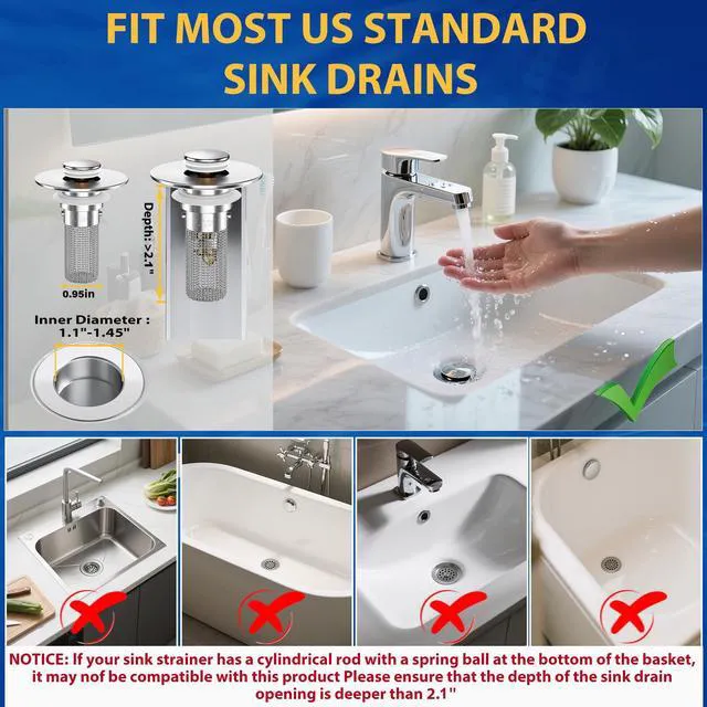 Alt view image 3 of 6 - 2PCS Pop-Up Bathroom Sink Stopper Strainer with Removable Stainless Steel Hair Catcher Basket, Universal Fit for US Sinks, Bathtubs, Showers & Floor Drains