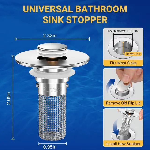 Alt view image 2 of 6 - 2PCS Pop-Up Bathroom Sink Stopper Strainer with Removable Stainless Steel Hair Catcher Basket, Universal Fit for US Sinks, Bathtubs, Showers & Floor Drains