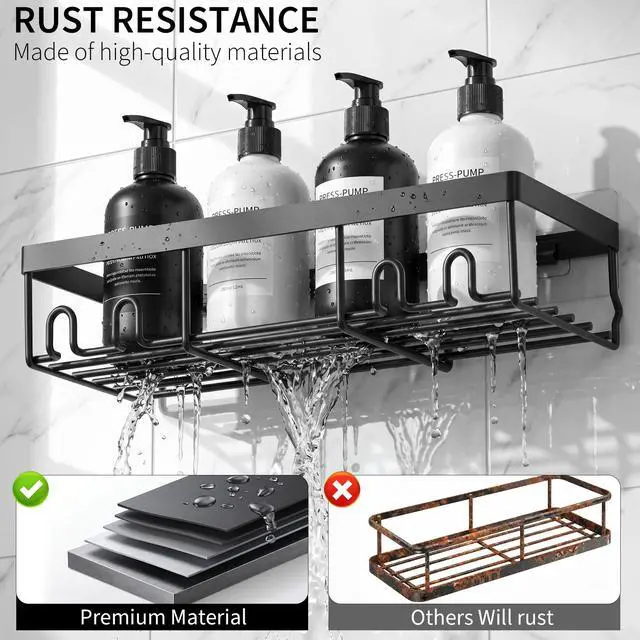 Alt view image 4 of 6 - Moforoco Shower Caddy, Self-Adhesive Black Bathroom Shelf Basket, Farmhouse Wall Storage Rack, RV Accessories, First Camper Apartment Essentials